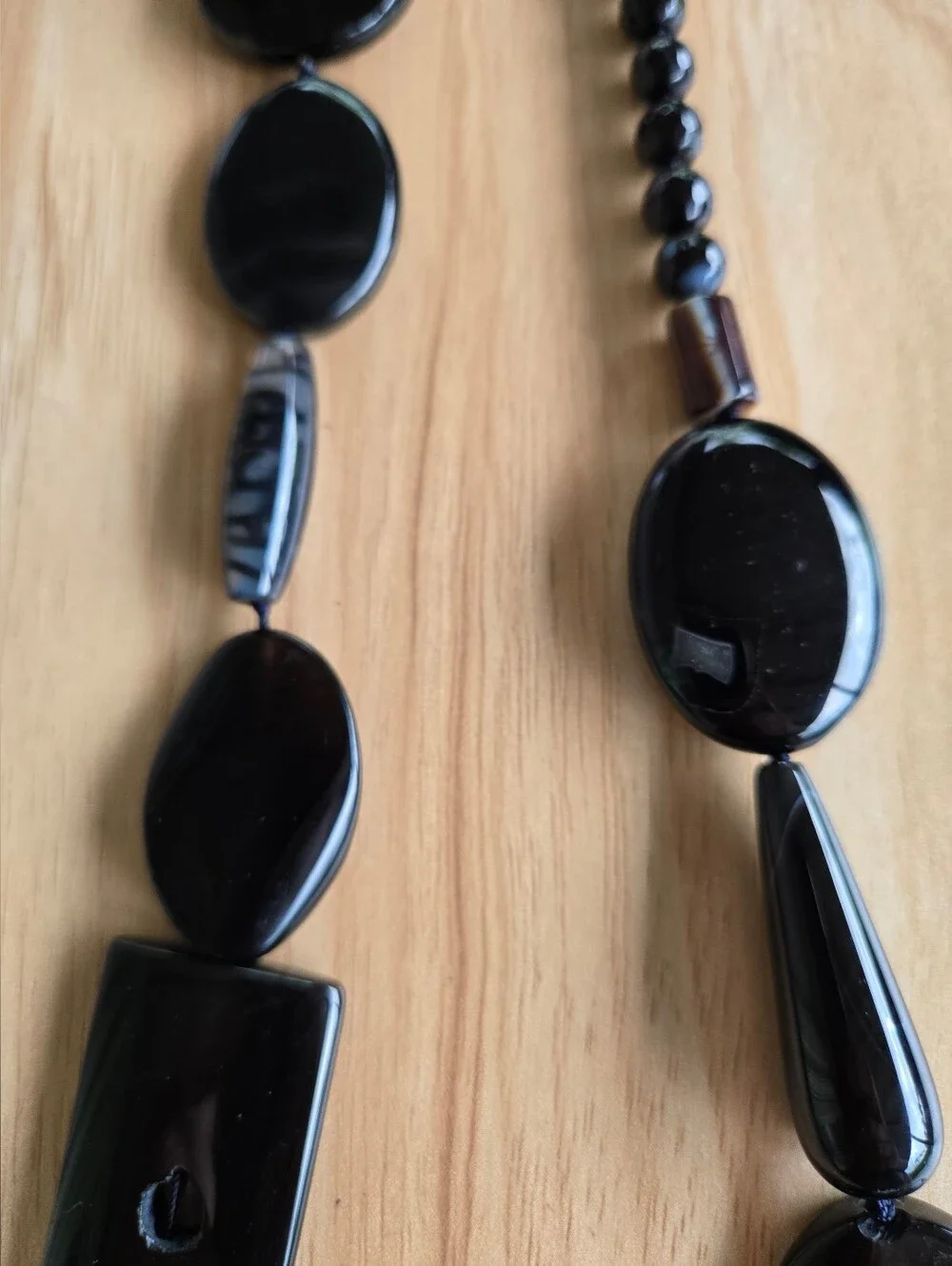 Natural Black Banded Agate Long Statement Necklace Mixed-Shape Beads Inclusions
